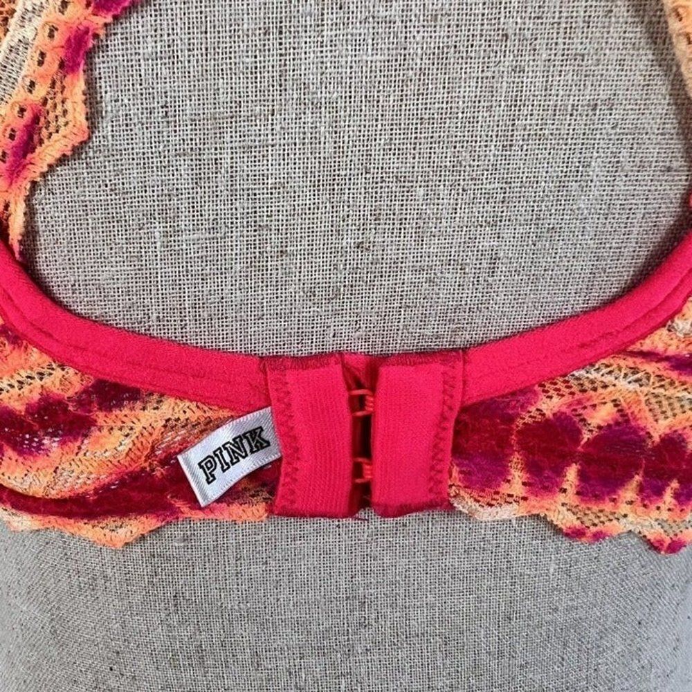 Pink By Victoria's Secret Orange & Pink Lace Tie Dye Racerback Padded Bra Medium - Picture 10 of 12